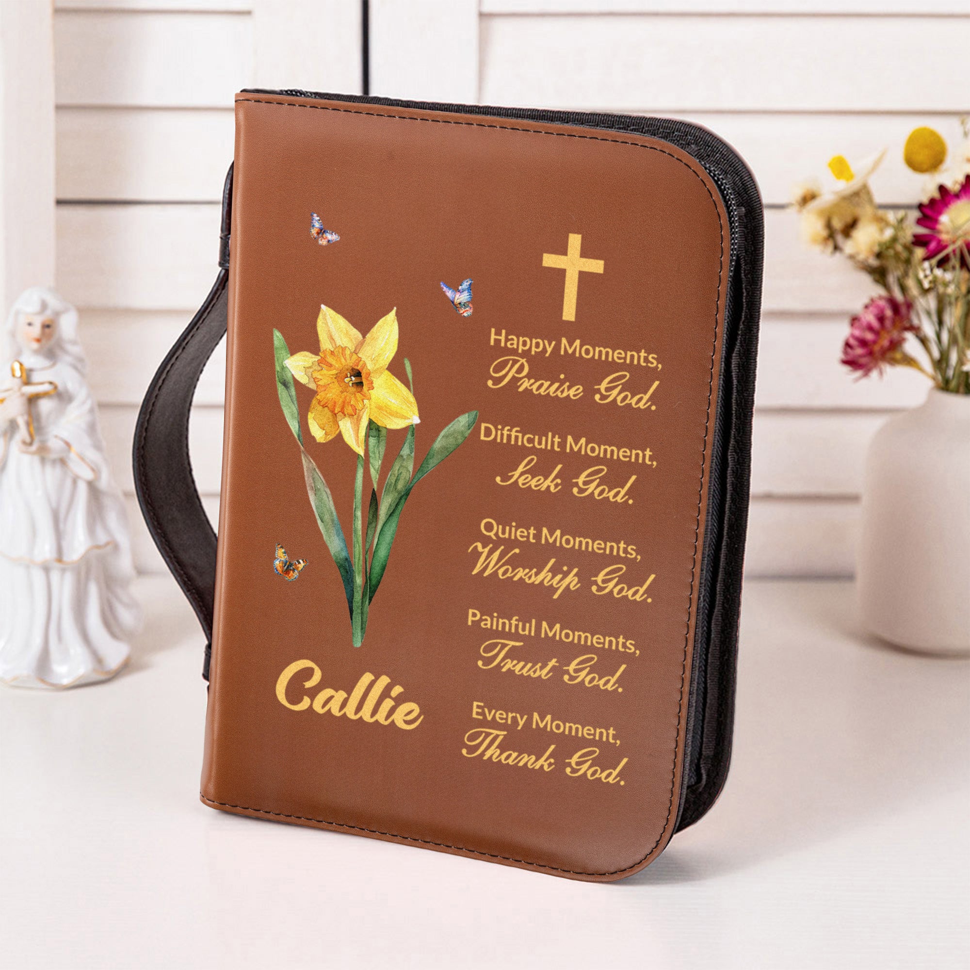 Acuarela Personalizada Nacimiento Flor Cruz Versos de la Biblia PU Leather Book Cover with Name Birthday Baptism Gift for Christian Women