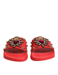 Women's Red Sacred Heart Stud Slides Beachwear Shoes Se+vi+91lf