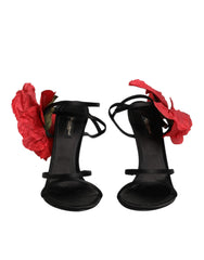 Women's Black Leather Strappy Flower Heels Sandals Shoes Se+vi+goat