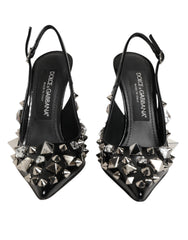 Women's Black Studded Leather Heels Slingbacks Shoes 100lf