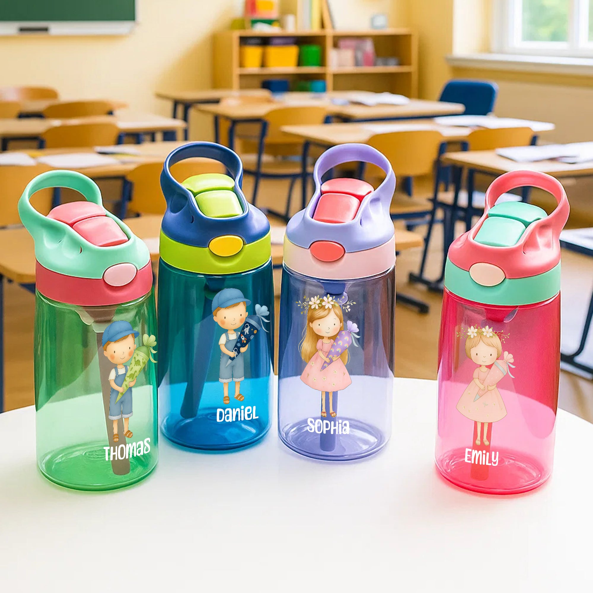 Botella de agua de 16 oz con pajita de silicona y asa personalizada con el nombre del niño o niña de dibujos animados Regalo de cumpleaños de vuelta al cole para niños
