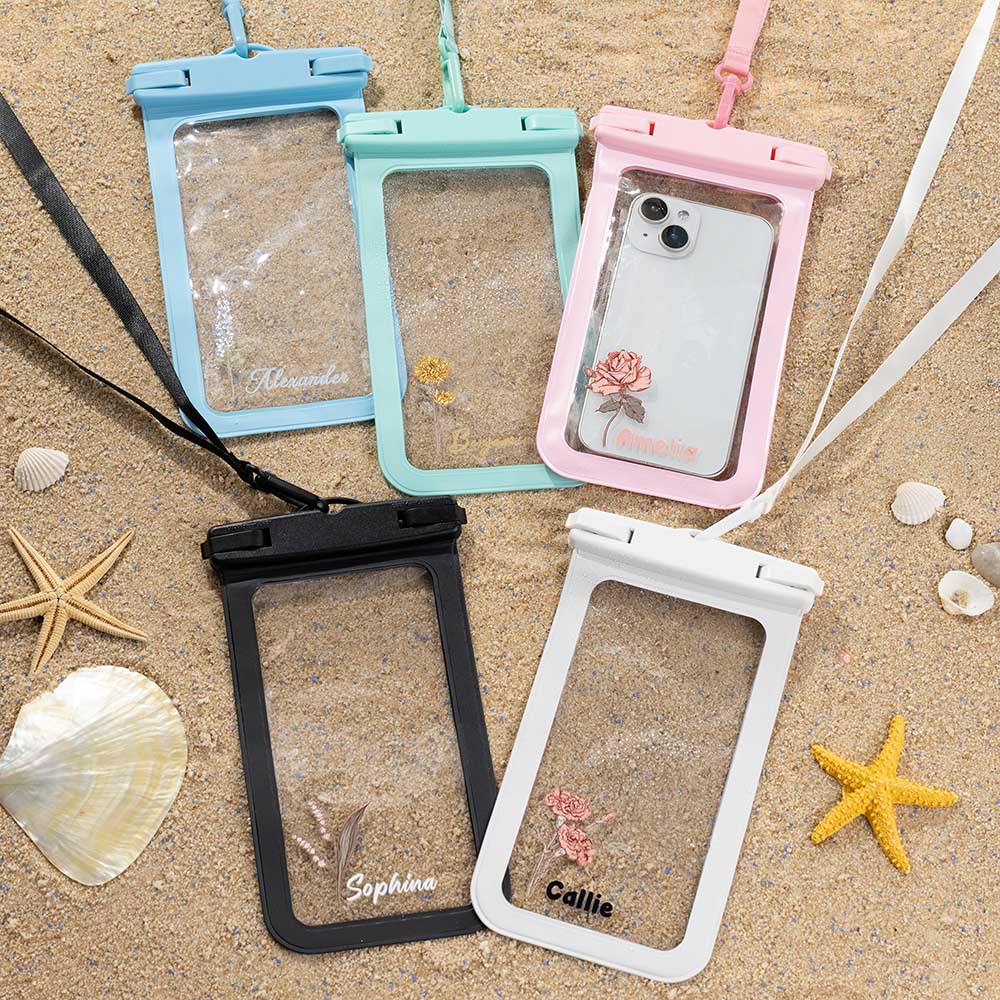 Funda impermeable personalizada para teléfono con nombre y cordón desmontable Vacaciones en la playa Cumpleaños Regalo para amigo Amante de los deportes acuáticos