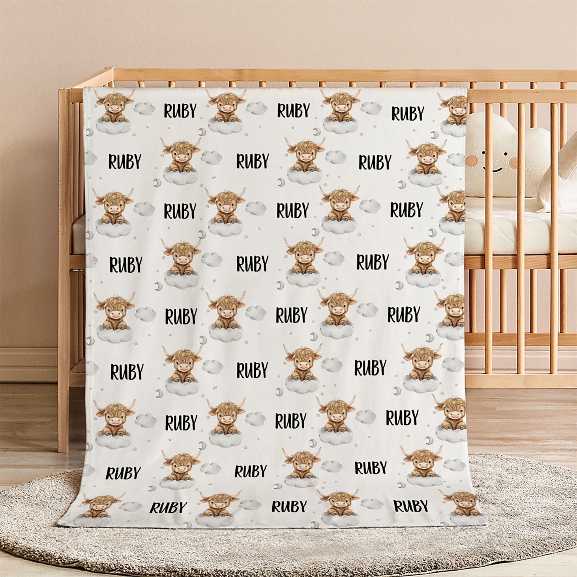 Personalizado lindo nube luna Highland vaca bebé Swaddle anudada sombrero conjunto manta con nombre Coming Home Outfit cumpleaños Baby Shower regalo para los recién nacidos