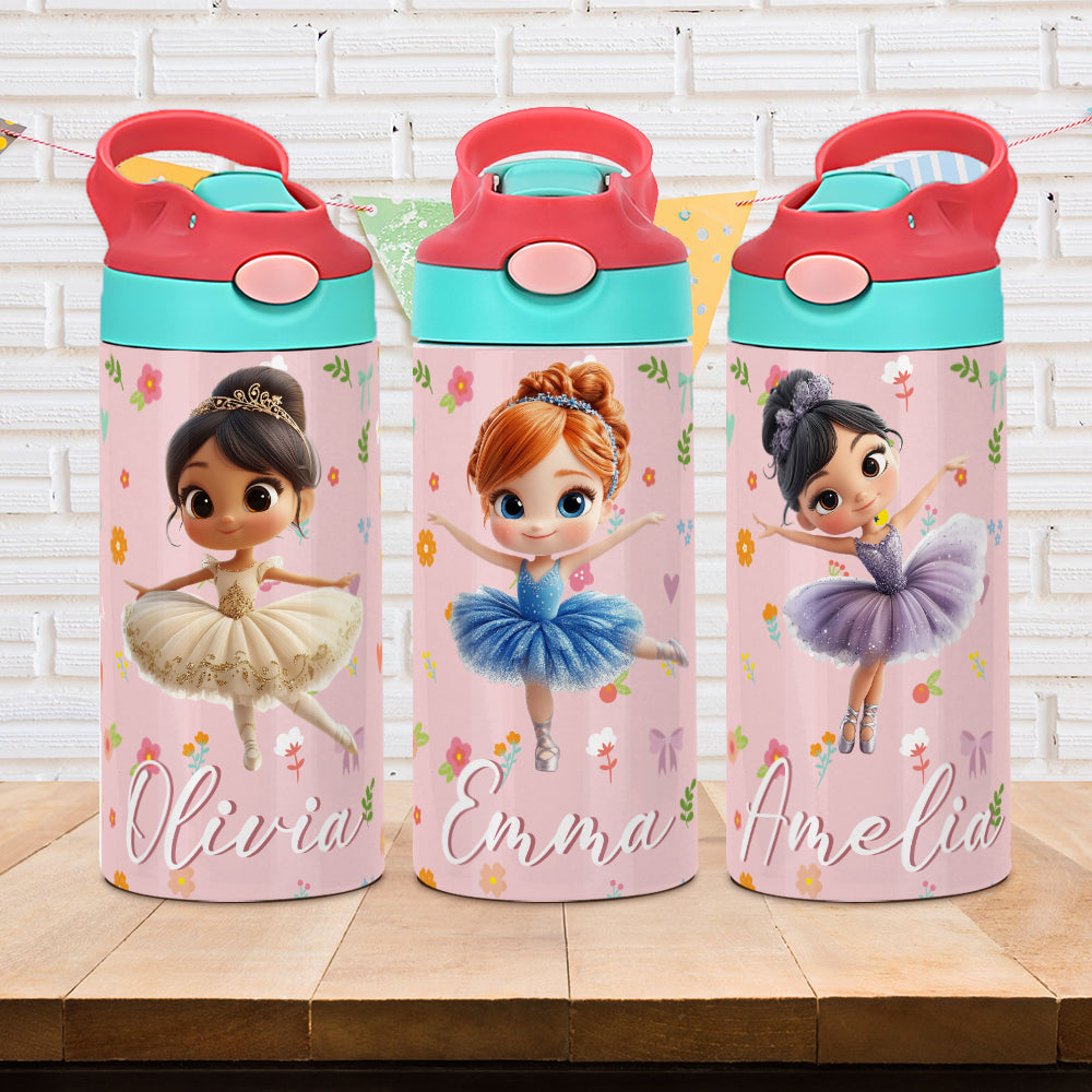 Botella de agua isotérmica con pajita y tapa antiderrame personalizada en 3D para niñas bailarinas Regalo de cumpleaños para la vuelta al cole