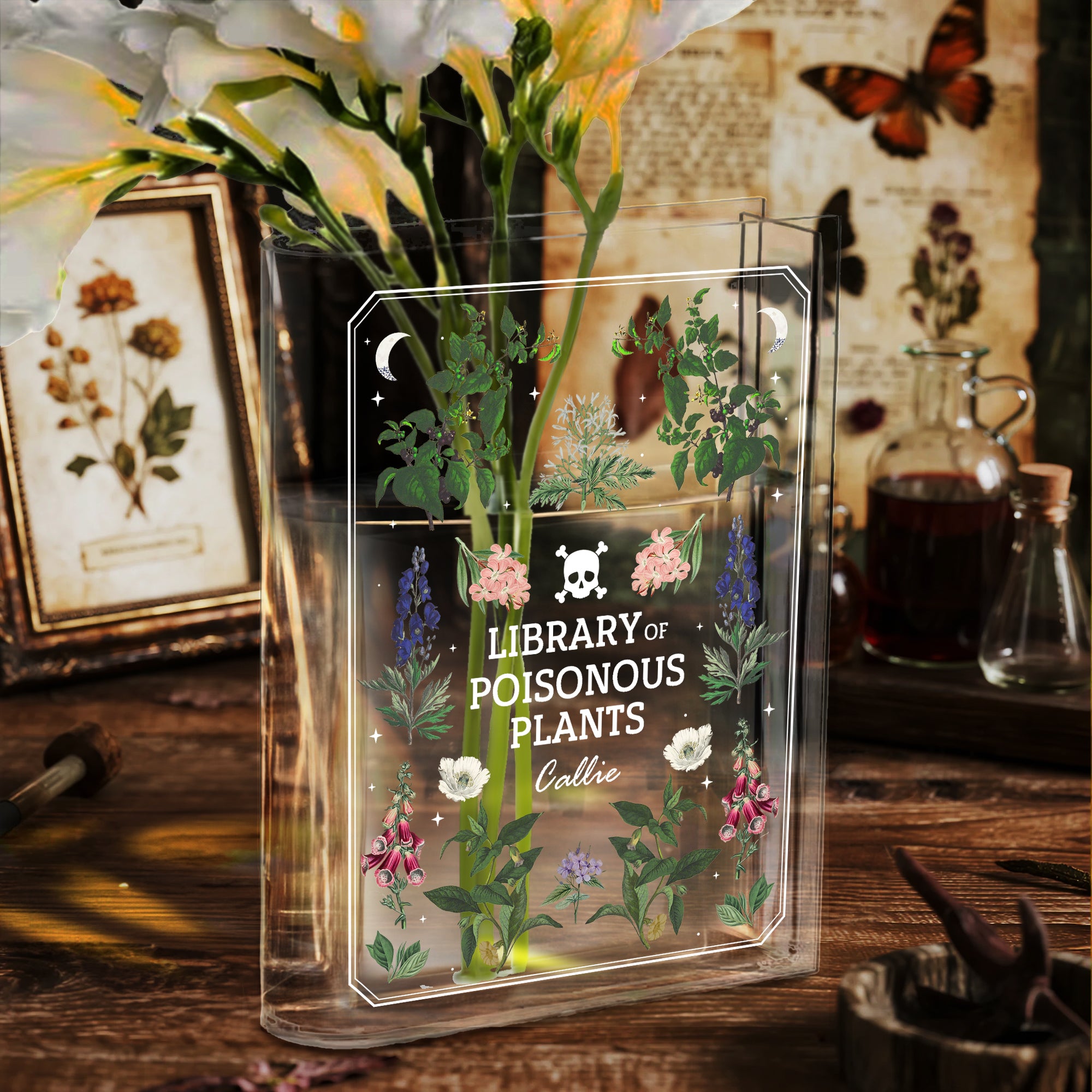Calavera de Hierbas Personalizada Jarrón Acrílico Transparente para Libros con Nombre Decoración de Estantería de Halloween Regalo de Fiesta para Amigos Amantes de los Libros