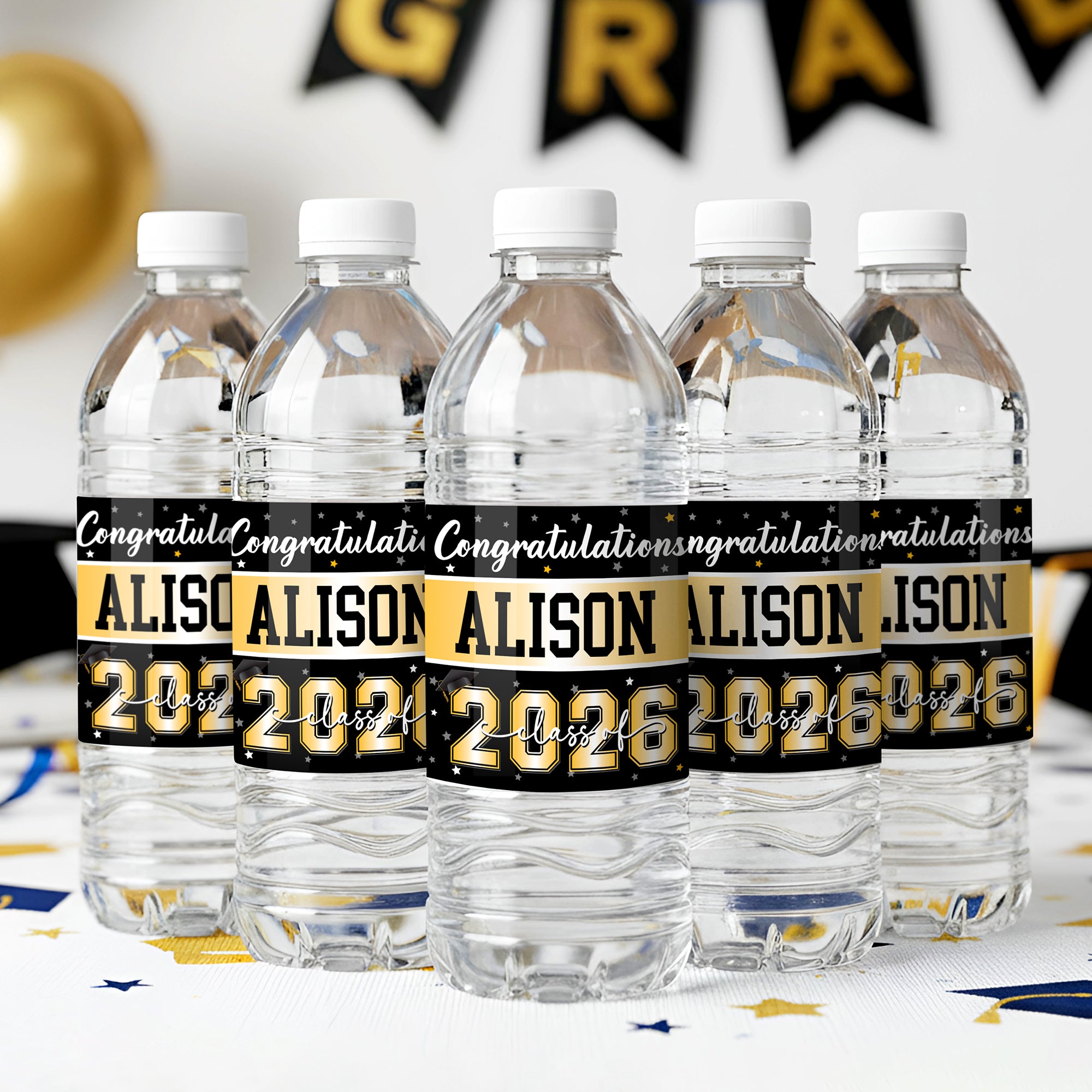 Felicitaciones personalizadas Clase de 2026 Etiqueta adhesiva para botella de agua con nombre y año Set de 10 Regalo de fiesta de graduación para graduados
