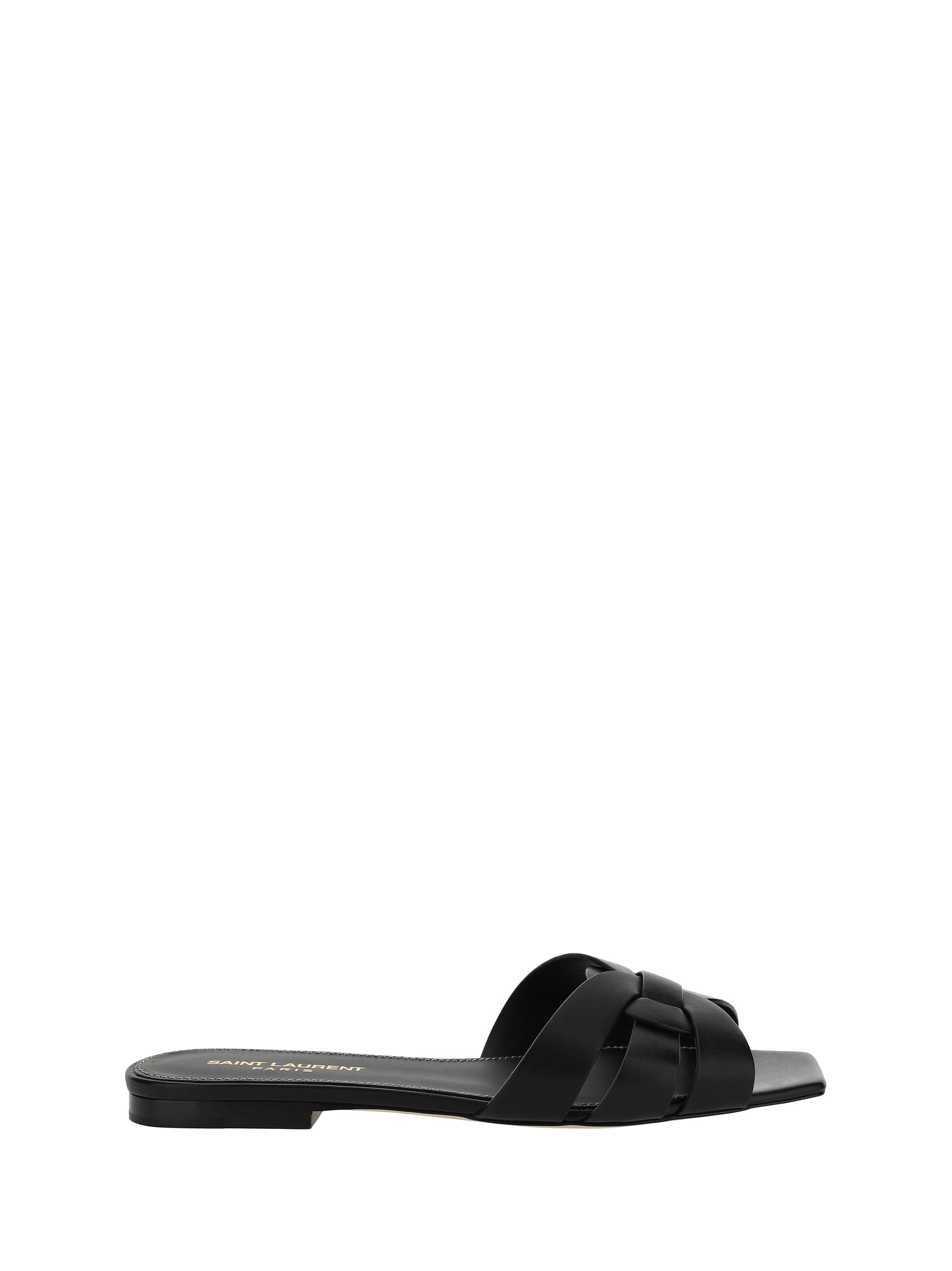 Saint Laurent Woven Leather Slide Sandal — Black