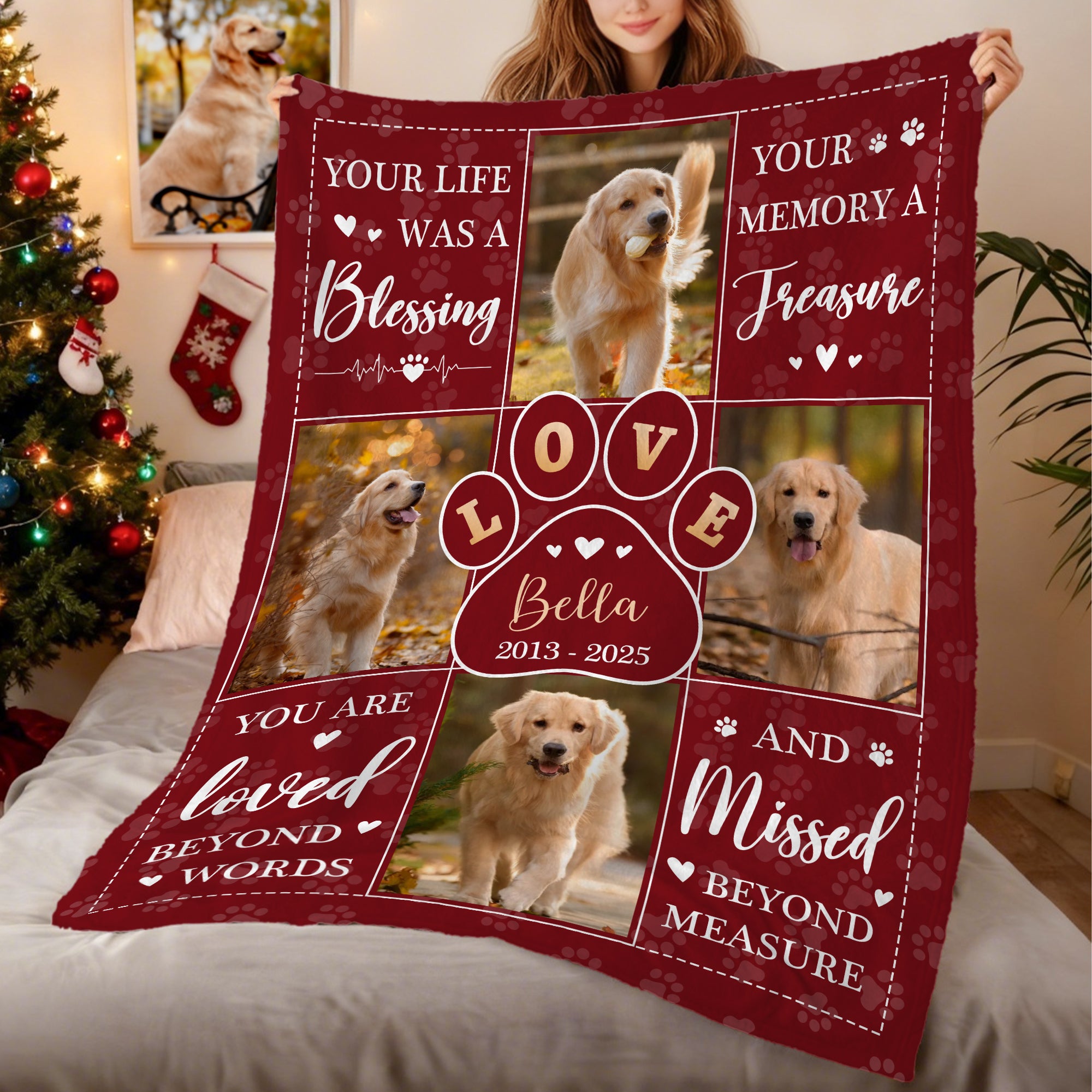 Personalizada 4 Fotos de Mascotas Love Paw Manta Suave con Nombre Recuerdo En Memoria Amorosa Regalo de Simpatía por la Pérdida de Mascotas