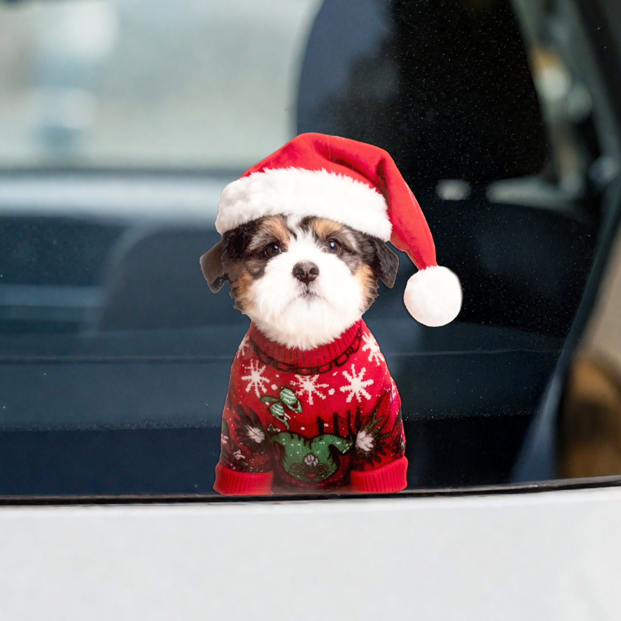Gorro de Papá Noel Personalizado Suéter Cara de Mascota Impresión a Doble Cara Calcomanías Navideñas para Ventanas Regalo Navideño para Dueños de Mascotas Amantes de las Mascotas