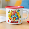 Taza esmaltada personalizada con iniciales de cómic multicolor de 12 oz con nombre Regalo de cumpleaños de vuelta al cole para niños