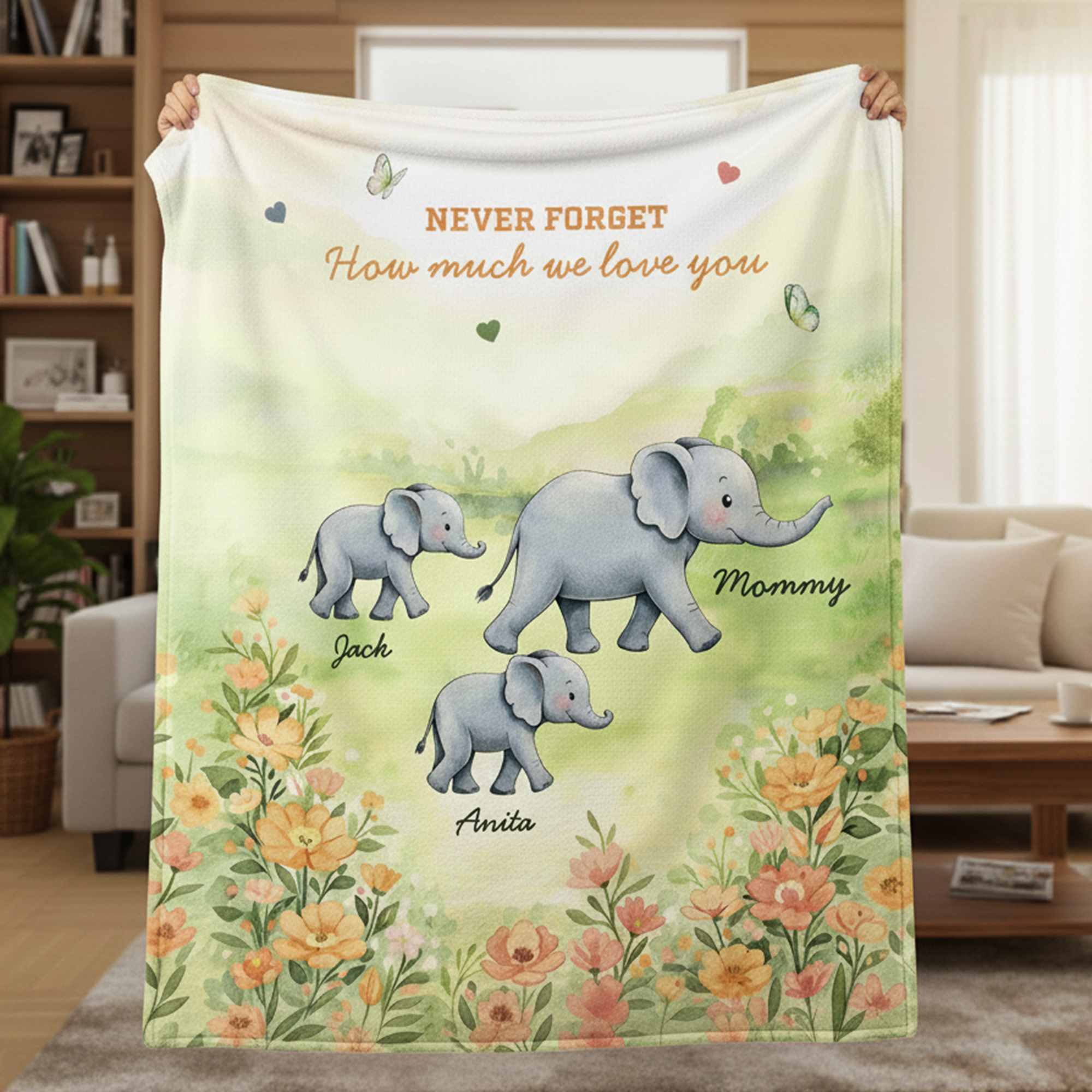 Manta personalizada con nombre de elefante de dibujos animados con flores de primavera Decoración del hogar Regalo del Día de la Madre para la abuela y la madre