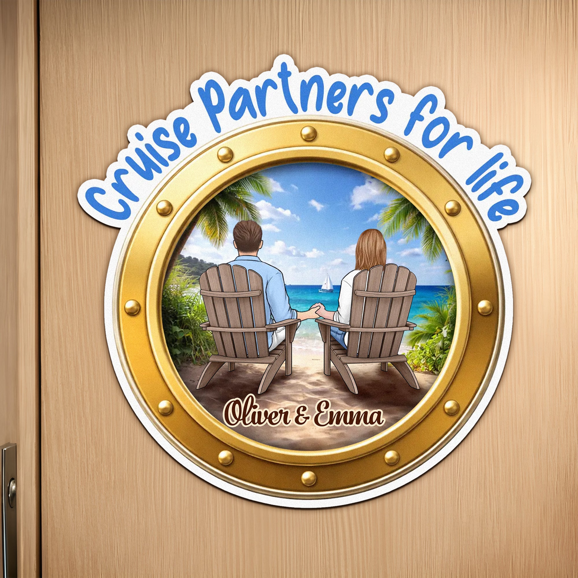 Imán de nevera personalizado con el nombre de una pareja de personajes de dibujos animados con la vista trasera de un crucero Decoración para el hogar Cumpleaños Verano Viaje Regalo para pareja