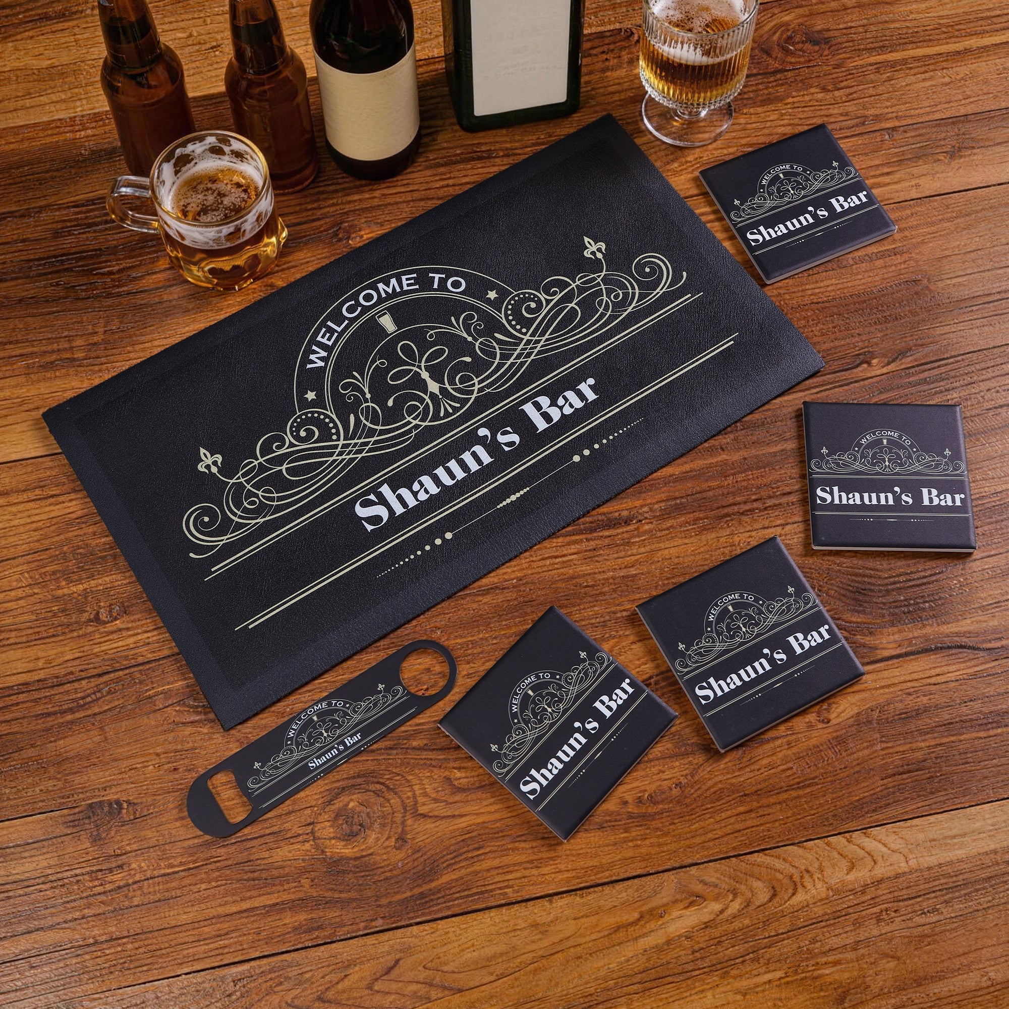 Juego de abrebotellas con posavasos retro personalizado con texto y año Accesorio de bar Regalo de cumpleaños del Día del Padre para barman Amante de los cócteles