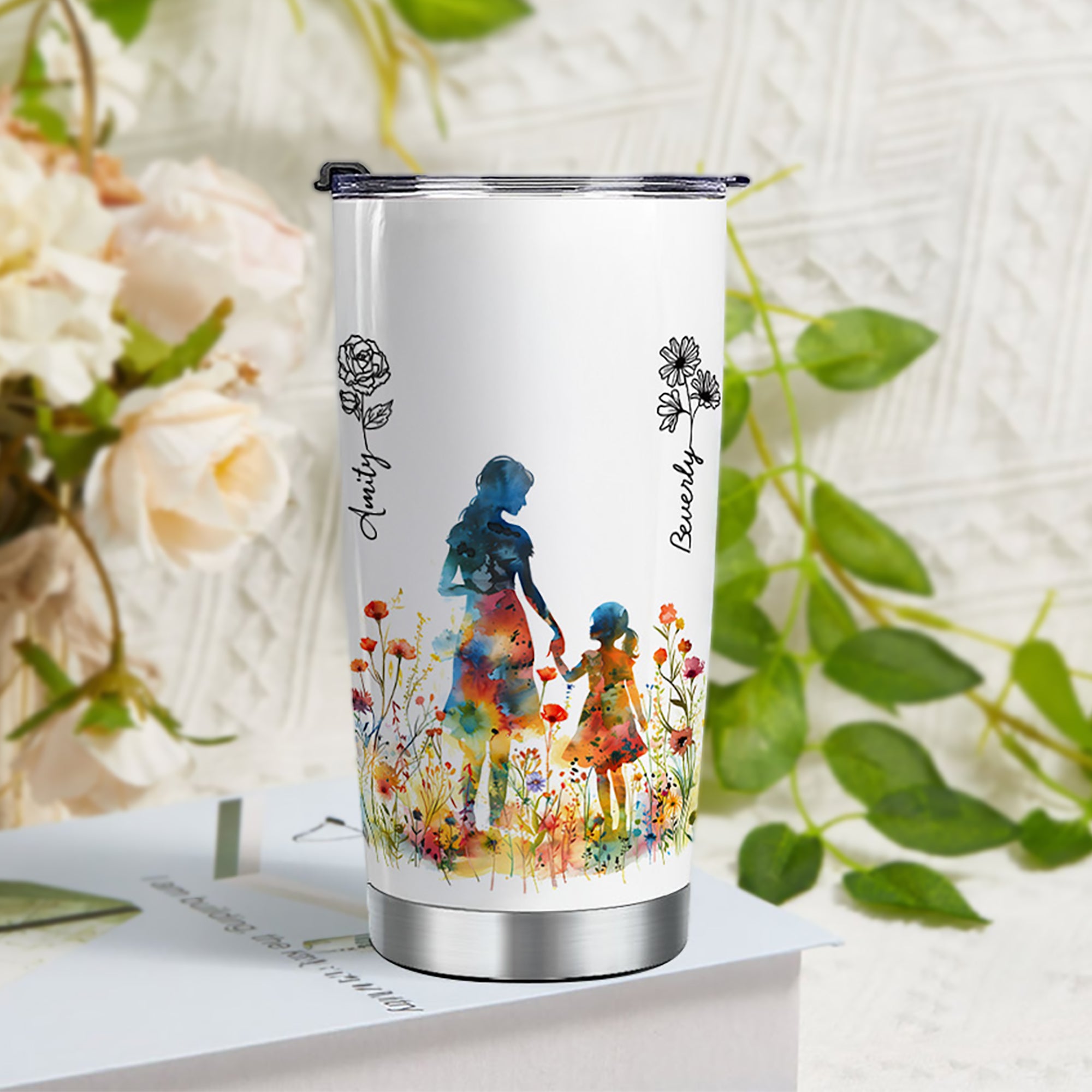 Vaso de 20 oz personalizado con nombre y flor de nacimiento Día de la Madre Regalo de cumpleaños para mamá abuela