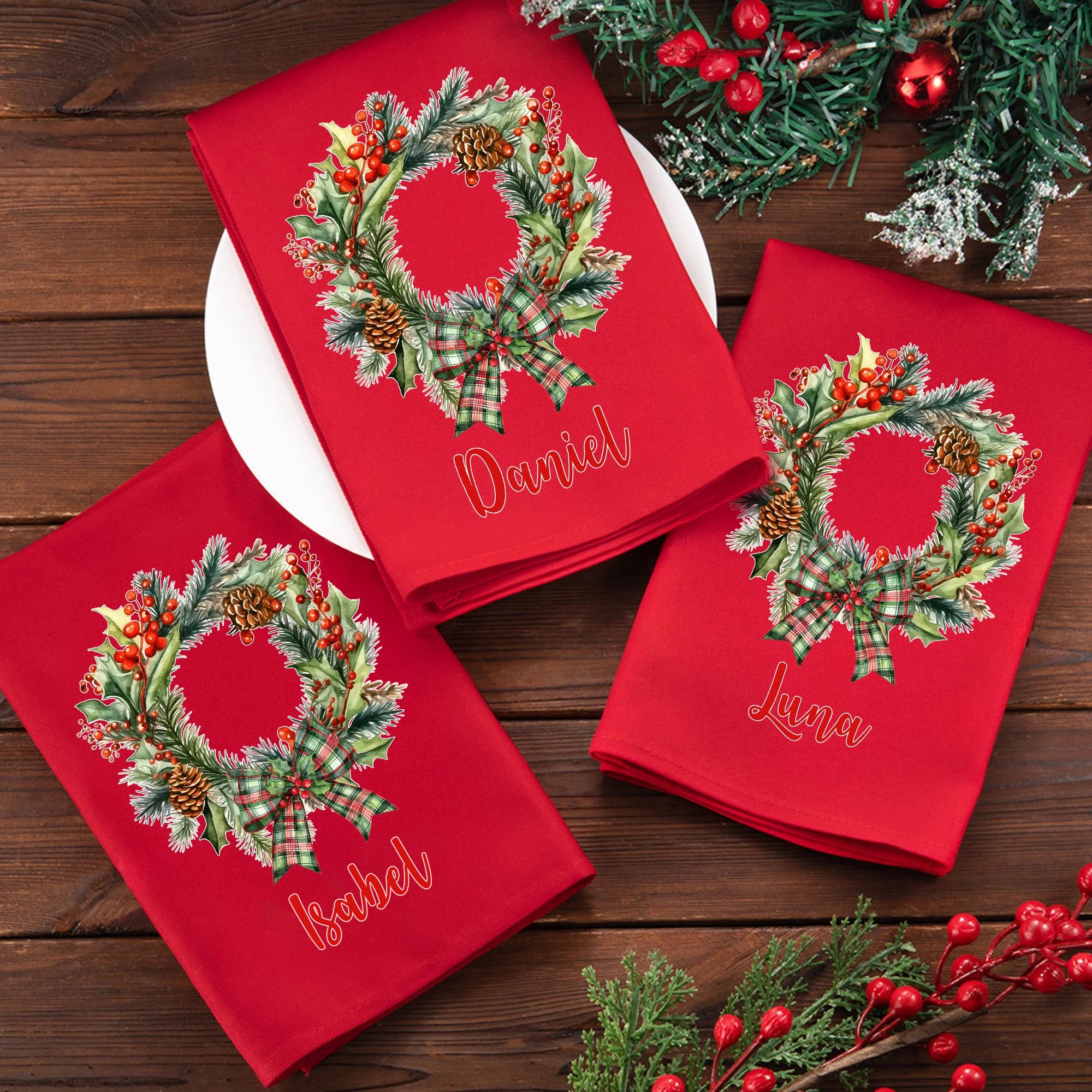 Servilleta navideña personalizada con lazo a cuadros roja de 100% algodón con nombre regalo de Navidad para familia y amigos