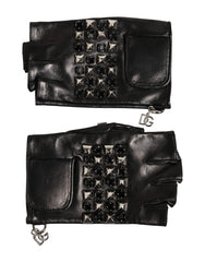 Black Leather Studded Fingerless Hand Mitten Men Gloves Lamb