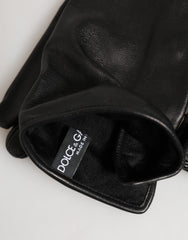 Women's Black Leather Embellished Long Mitten Gloves Lamb