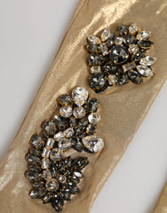 Women's Beige Satin Crystal Elbow Length Mitten Gloves 02+pa