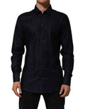 Blue Cotton Collared Long Sleeve Gold Men Dress Shirt