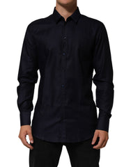 Blue Cotton Collared Long Sleeve Gold Men Dress Shirt