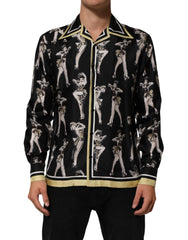 Men's Black Silk Pin Up Printed Button Down Shirt