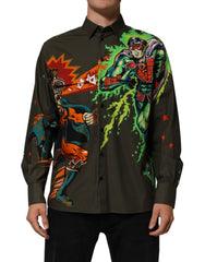 Men's Green Superhero Print Button Down Shirt Brown