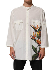 Men's White Cotton Floral Print Button Down Shirt