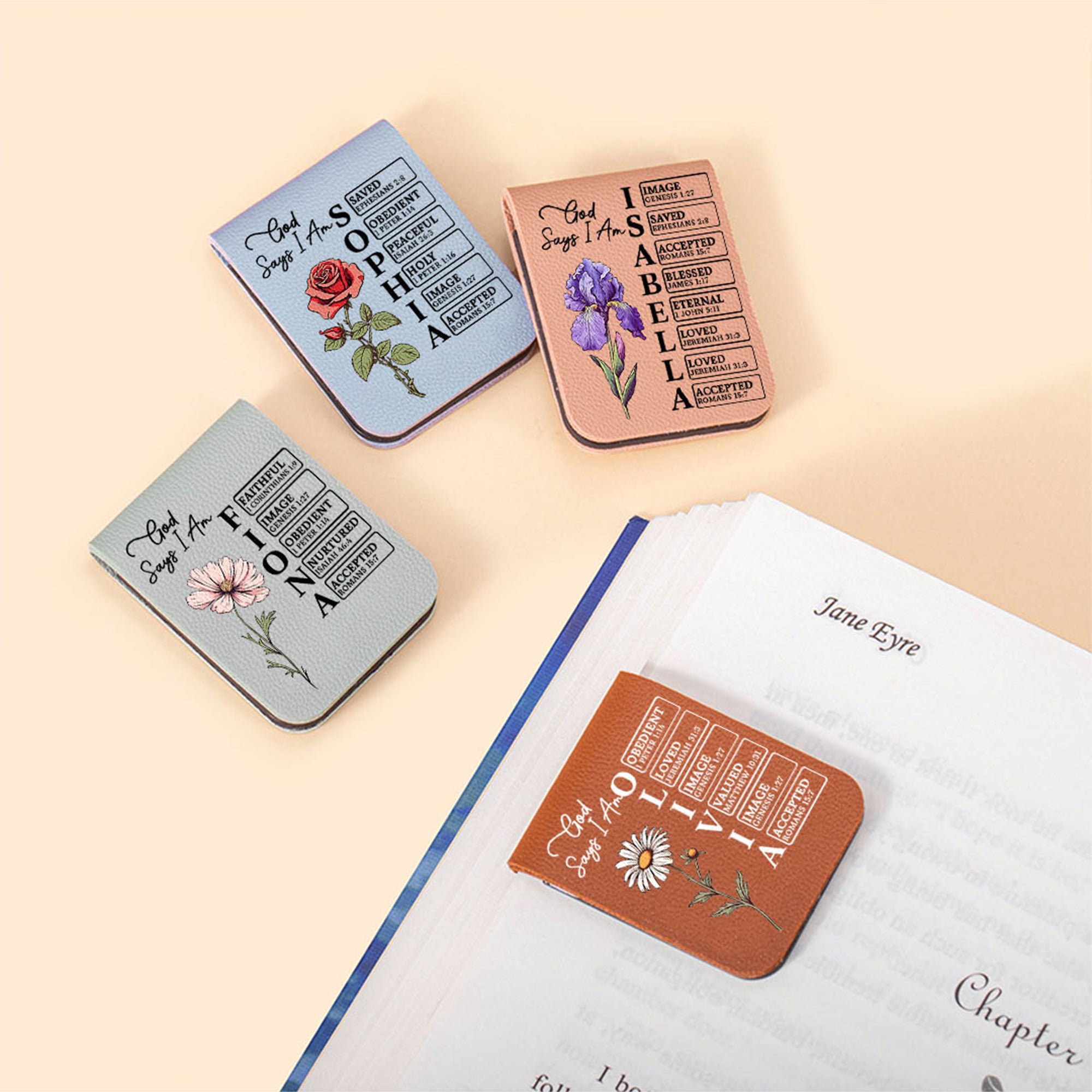 Personalizado Nacimiento Flor Dios dice que soy Biblia Nombre magnético de cuero de la PU Marcapáginas Clip Cumpleaños Regalo de Navidad para los amantes del libro cristiano