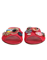 Women's Red Embellished Flats Slip On Sandals Shoes Pa+vi