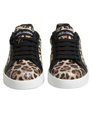 Women's Brown Leather Leopard Low Top Sneakers Shoes 100lf