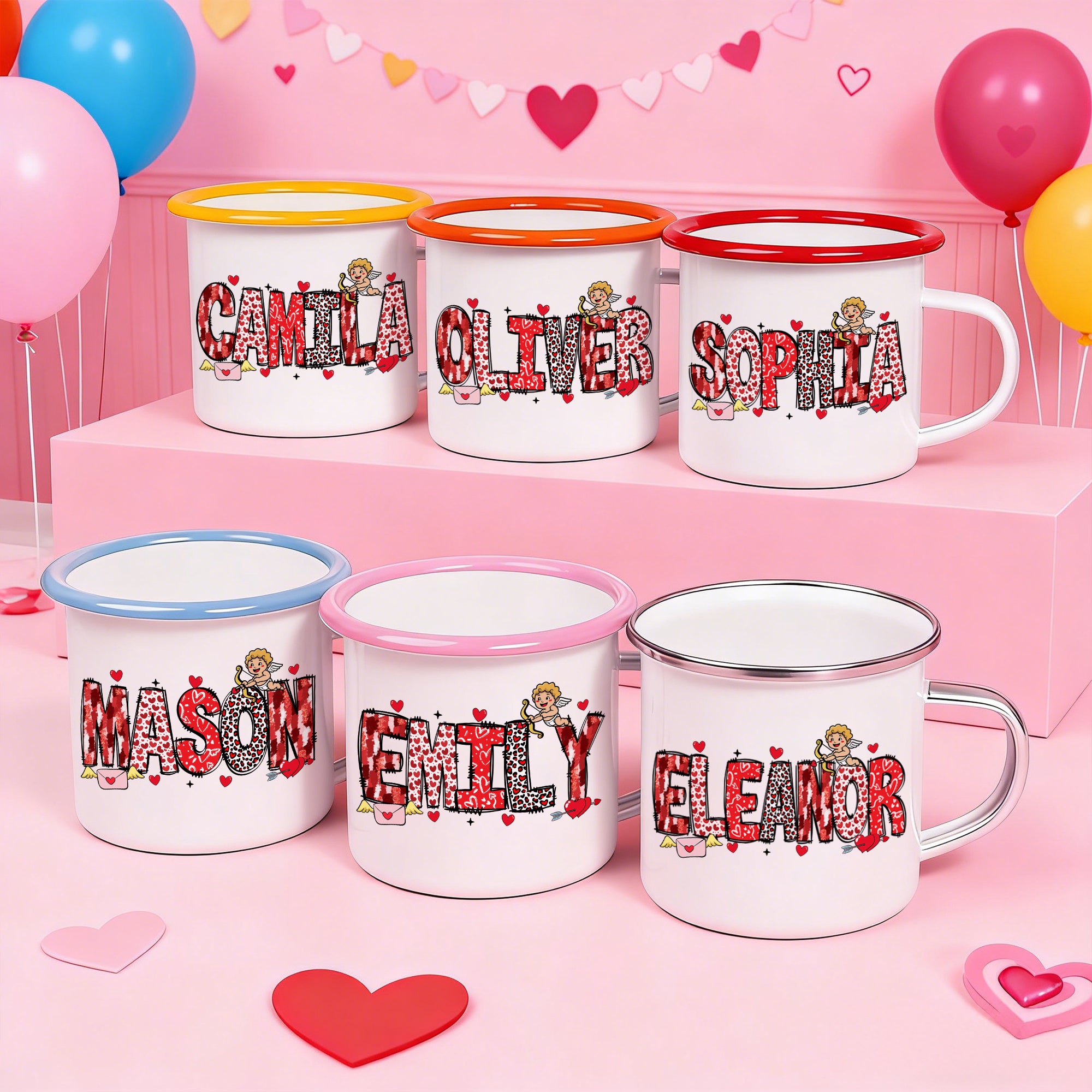 Personalizado romántico Cupido Corazón Patrón 12 oz Esmalte Taza con Nombre Decoración para el Hogar Día de San Valentín Cumpleaños Regalo para Niños Pareja