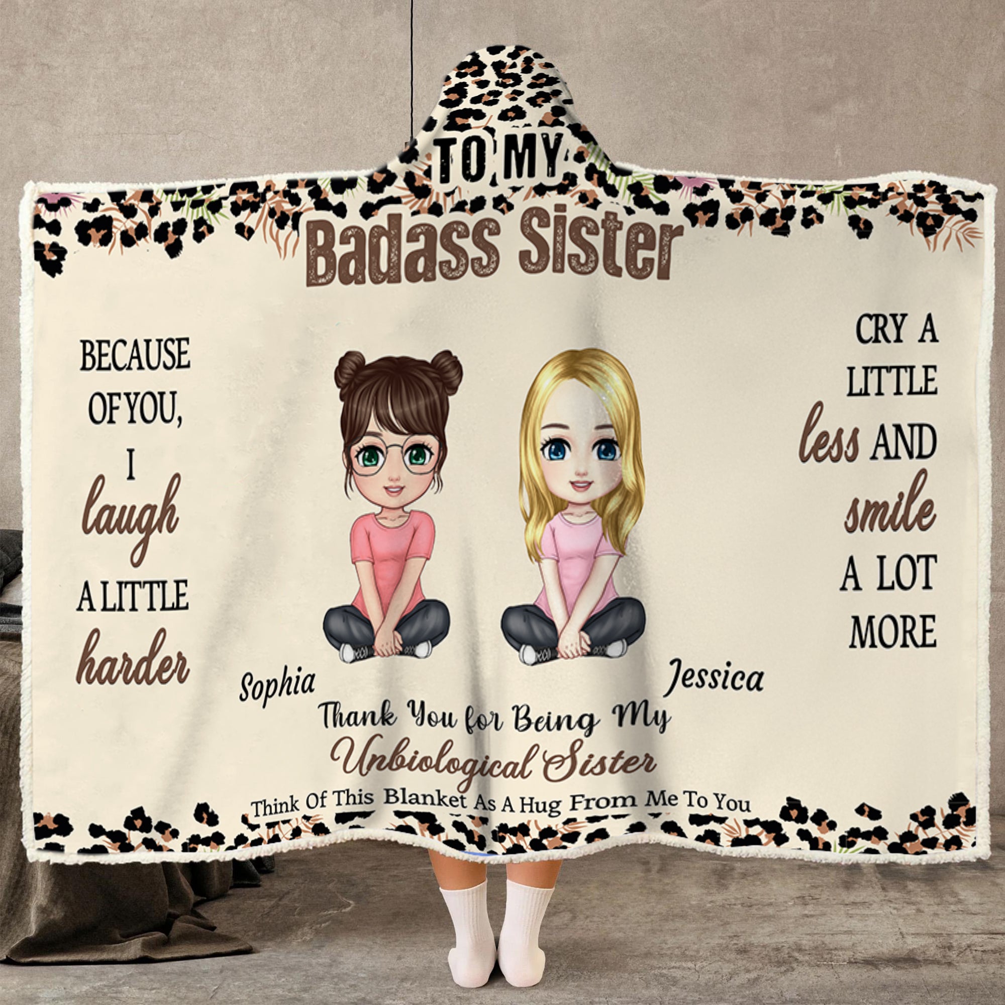 Personalizada To My Badass Sister Personaje de dibujos animados con estampado de leopardo Manta suave con capucha y nombre Decoración para el hogar Regalo de cumpleaños y Navidad para las mejores amig