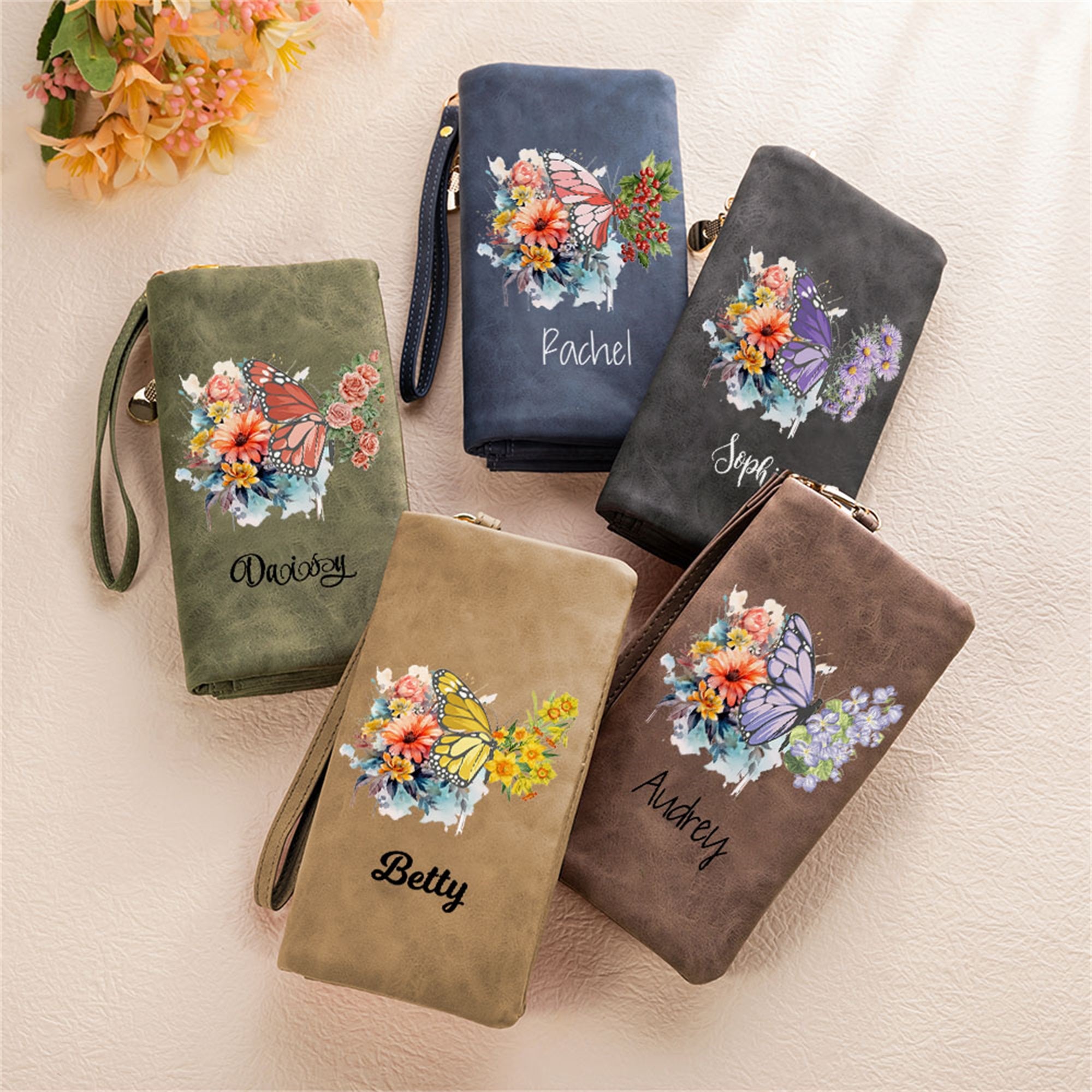 Personalizado Nacimiento Flor Mariposa PU Cartera de cuero con nombre y múltiples ranuras para tarjetas Cumpleaños Fiesta Nupcial Aniversario Regalo para ella