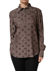 Women's Brown Collared Long Sleeves Logo Shirt Top