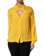 Women's Yellow Silk Collared Long Sleeves Top