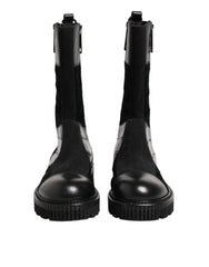 Men's Black Patchwork Leather Mid Calf Boot Shoes Co+horse+crocodile