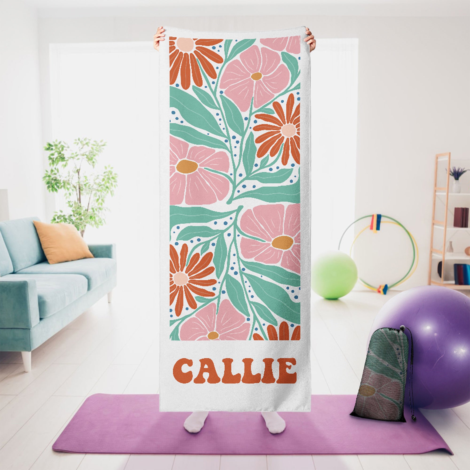 Toalla de Yoga Personalizada Floral Super Absorbente con Nombre Accesorios Deportivos Regalo de Cumpleaños para Amantes del Yoga Mujeres