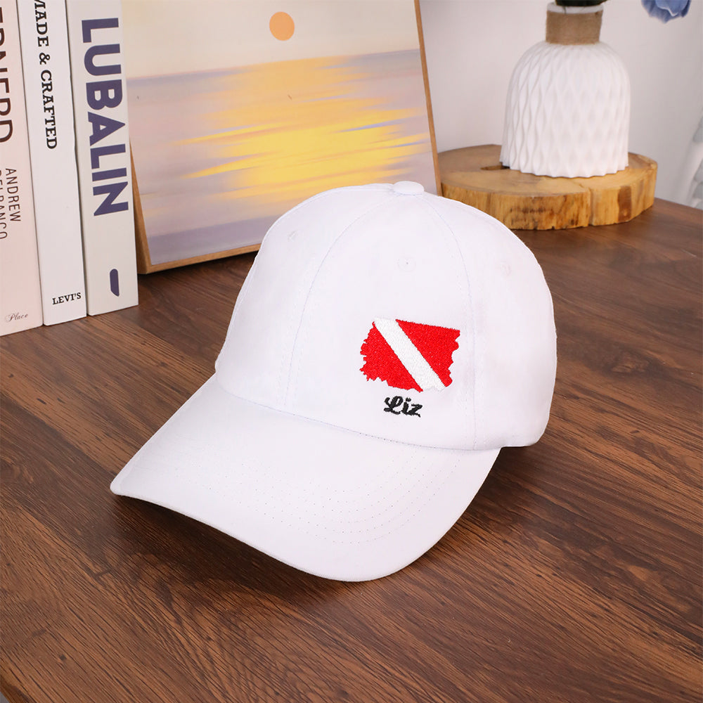 Gorra de béisbol con bandera de buceo bordada personalizada con texto Expediciones de buceo Accesorio de entrenamiento Regalo de cumpleaños para submarinistas