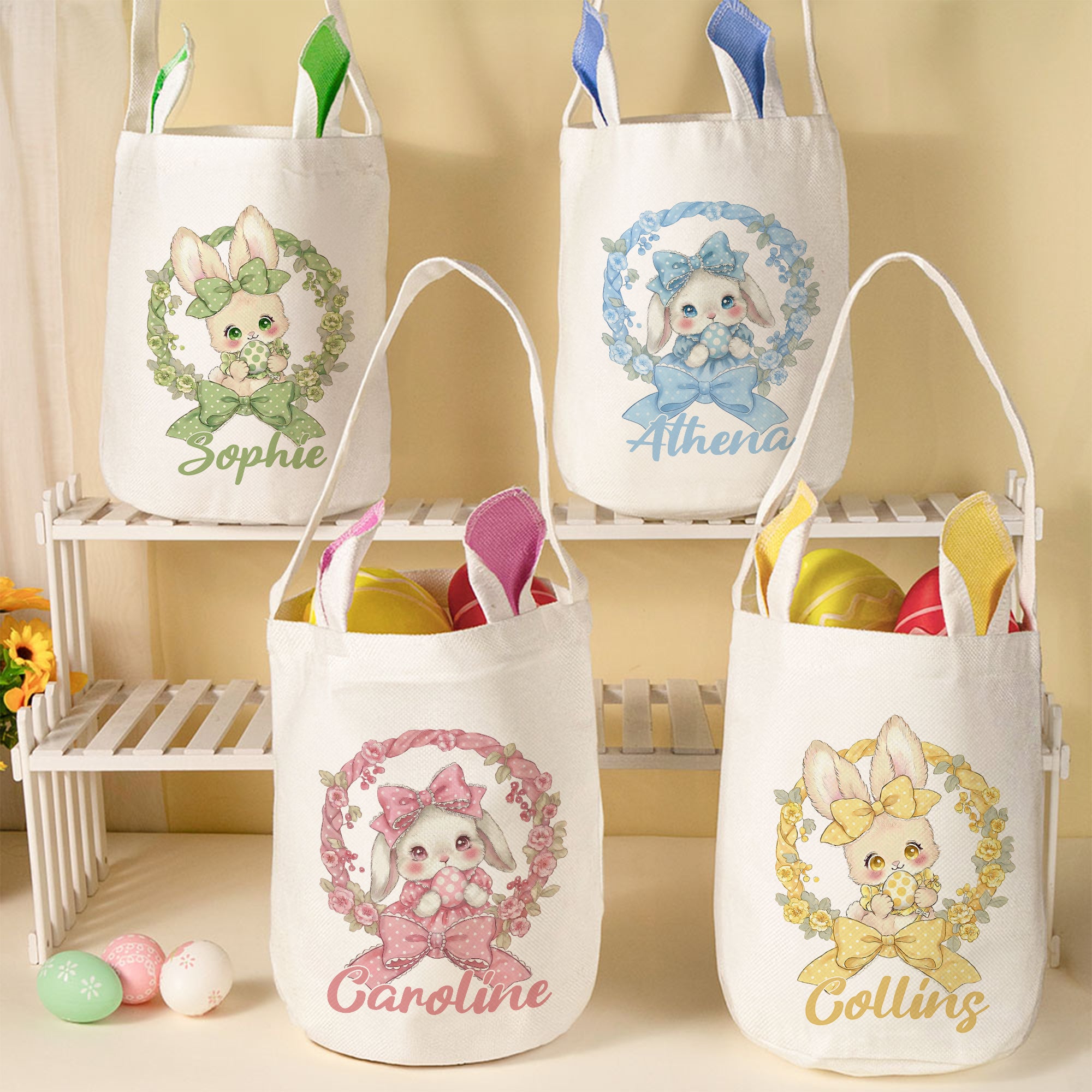 Conejito de Pascua personalizado con lazo de lunares, nombre y orejas de conejo Accesorio para la caza de huevos Regalo de Pascua para niños
