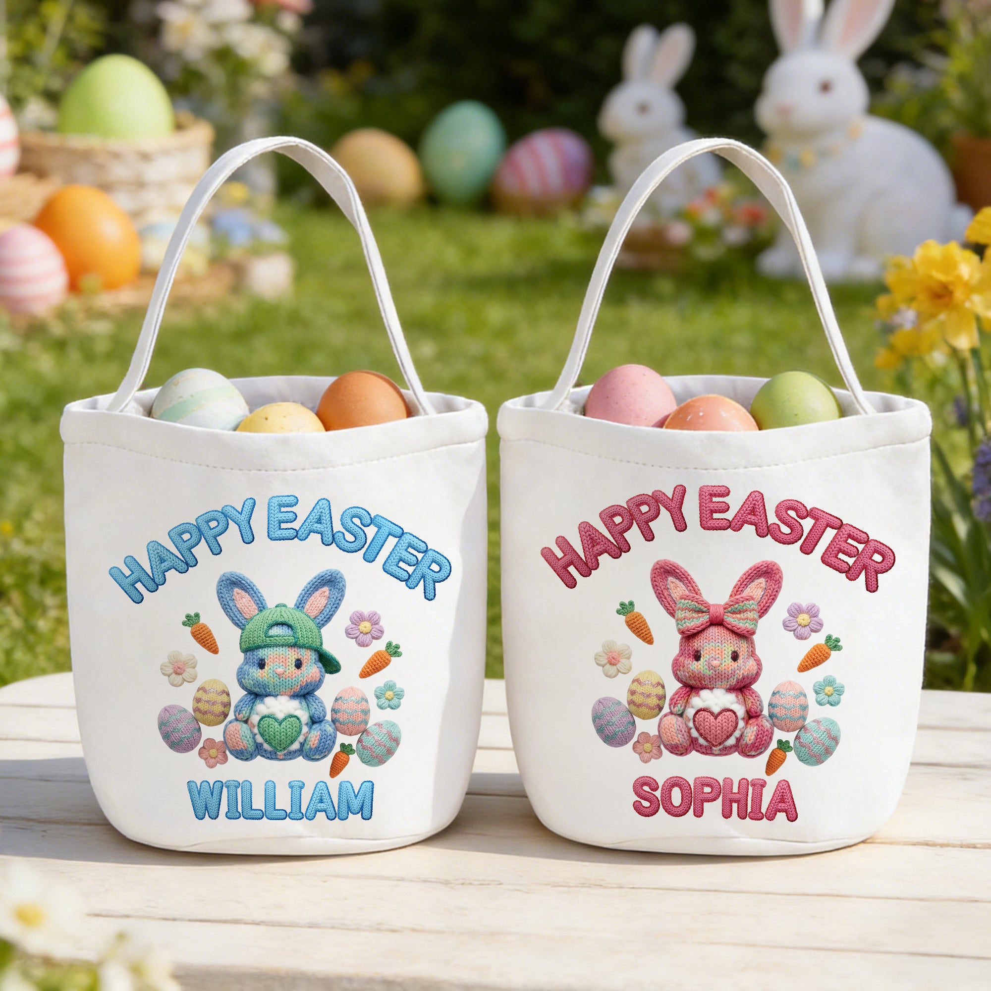 Cesta de lona personalizada Happy Easter Faux Yarn Bunny de gran capacidad con nombre Huevos de caza Regalo de Pascua para niños Niñas