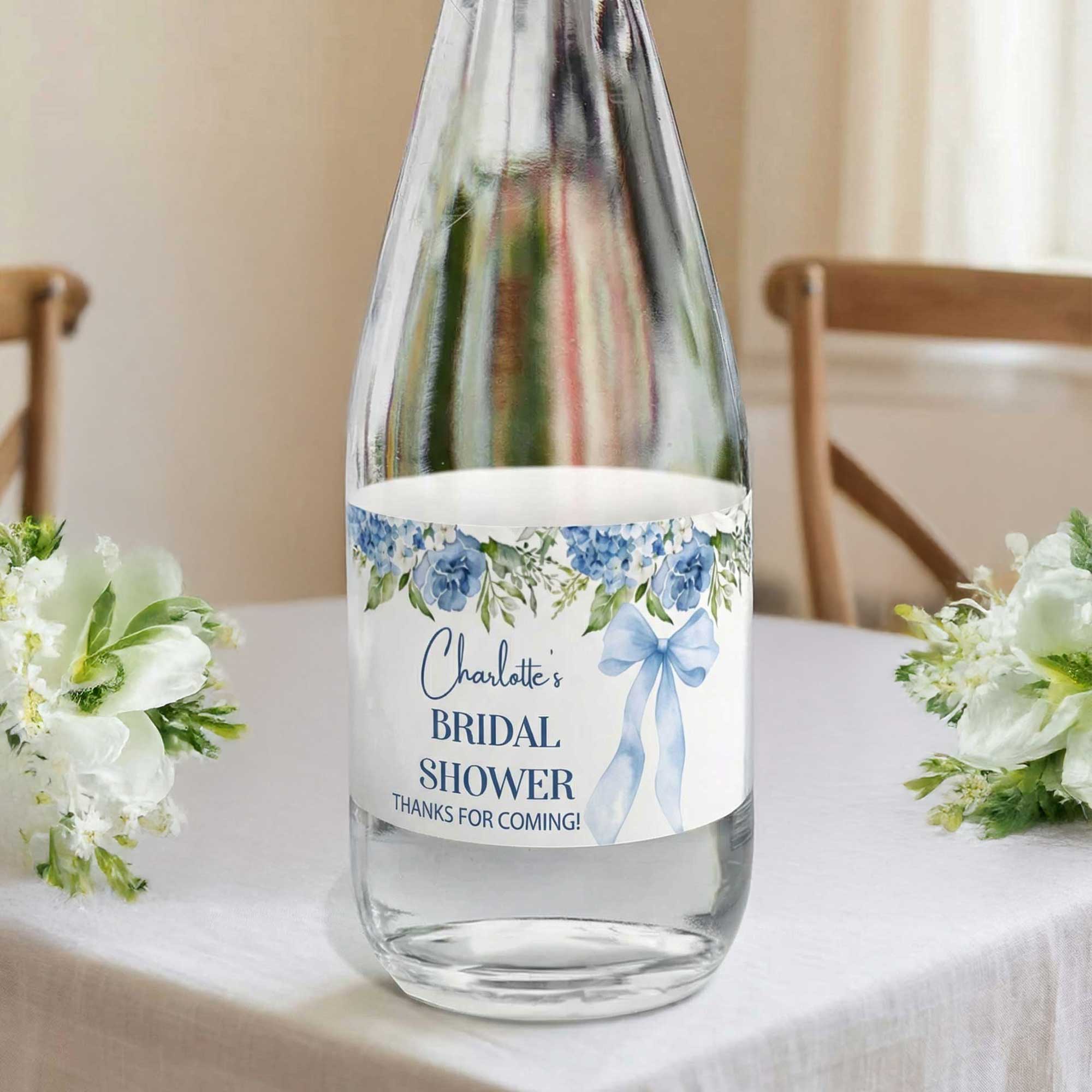 Juego de 20 etiquetas adhesivas para botellas de agua personalizadas con el tema de la boda: lazo de flores, algo azul, compromiso, fiesta de despedida de soltera, regalo para la pareja.