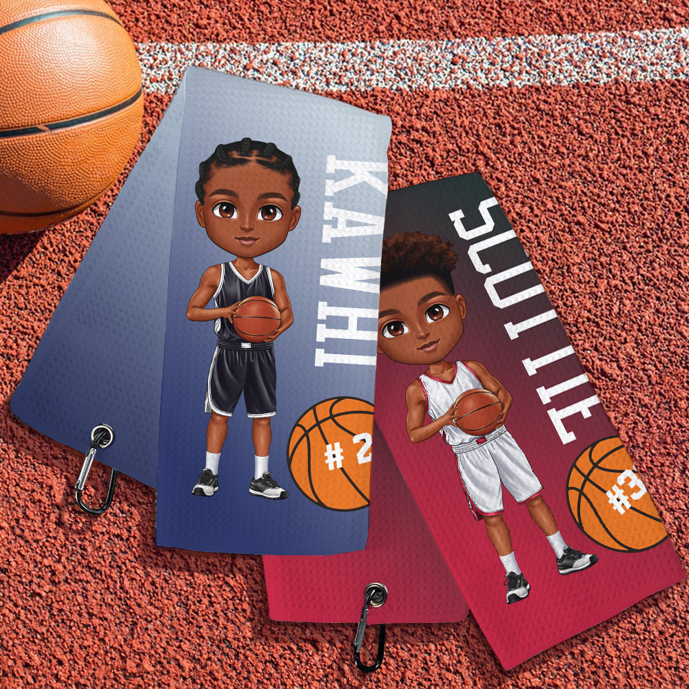Toalla superabsorbente de baloncesto personalizada con nombre de personaje de dibujos animados y número y gancho Accesorio deportivo Regalo de cumpleaños para los amantes del baloncesto