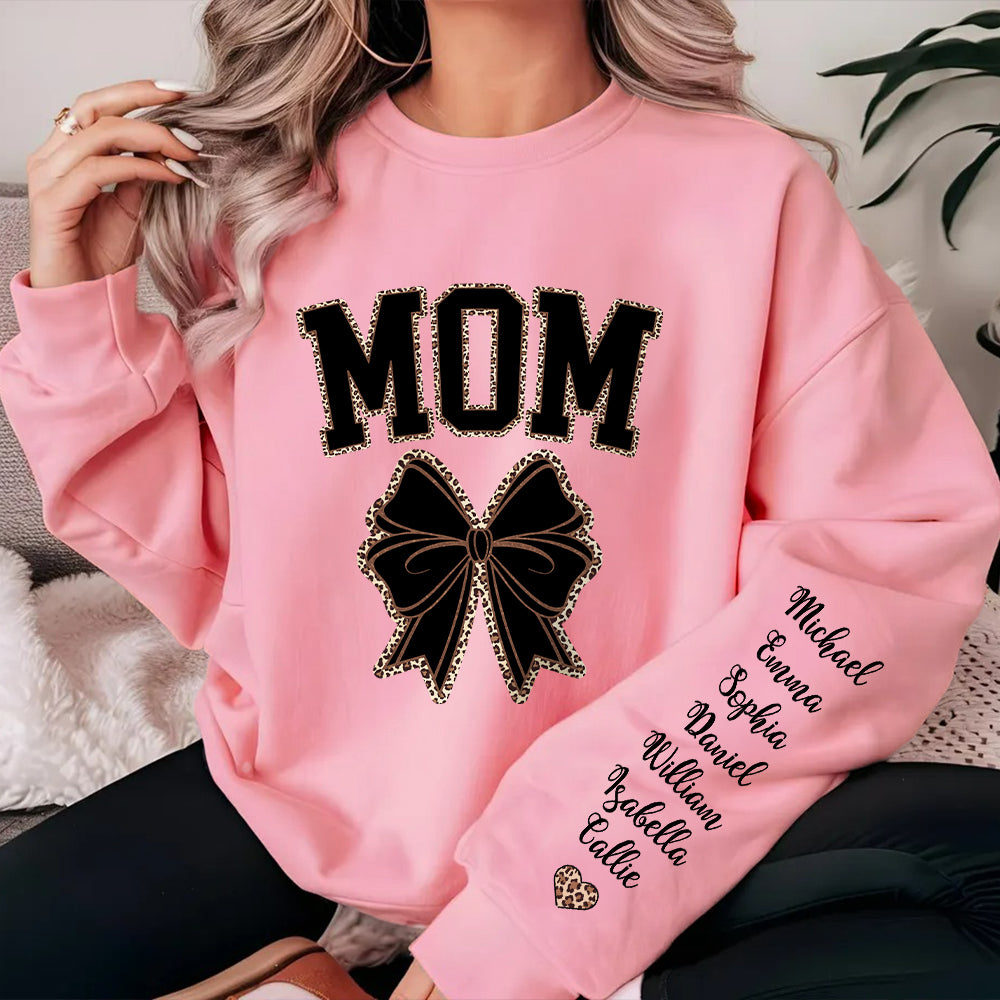 Personalizada Multicolor Leopardo Lazo 1-16 Nombres Cuello Suave Crew Camiseta Sudadera con Título Cumpleaños Día de la Madre Apreciación Regalo para Mamá Abuela
