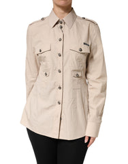 Women's Beige Collared Long Sleeve Cotton Shirt Top Brown