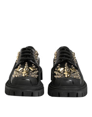 Women's Black Leather Jeweled Crystals Derby Shoes 100lf