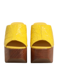 Women's Yellow Leather Wood Mule Wedge Slides Shoes 100iman