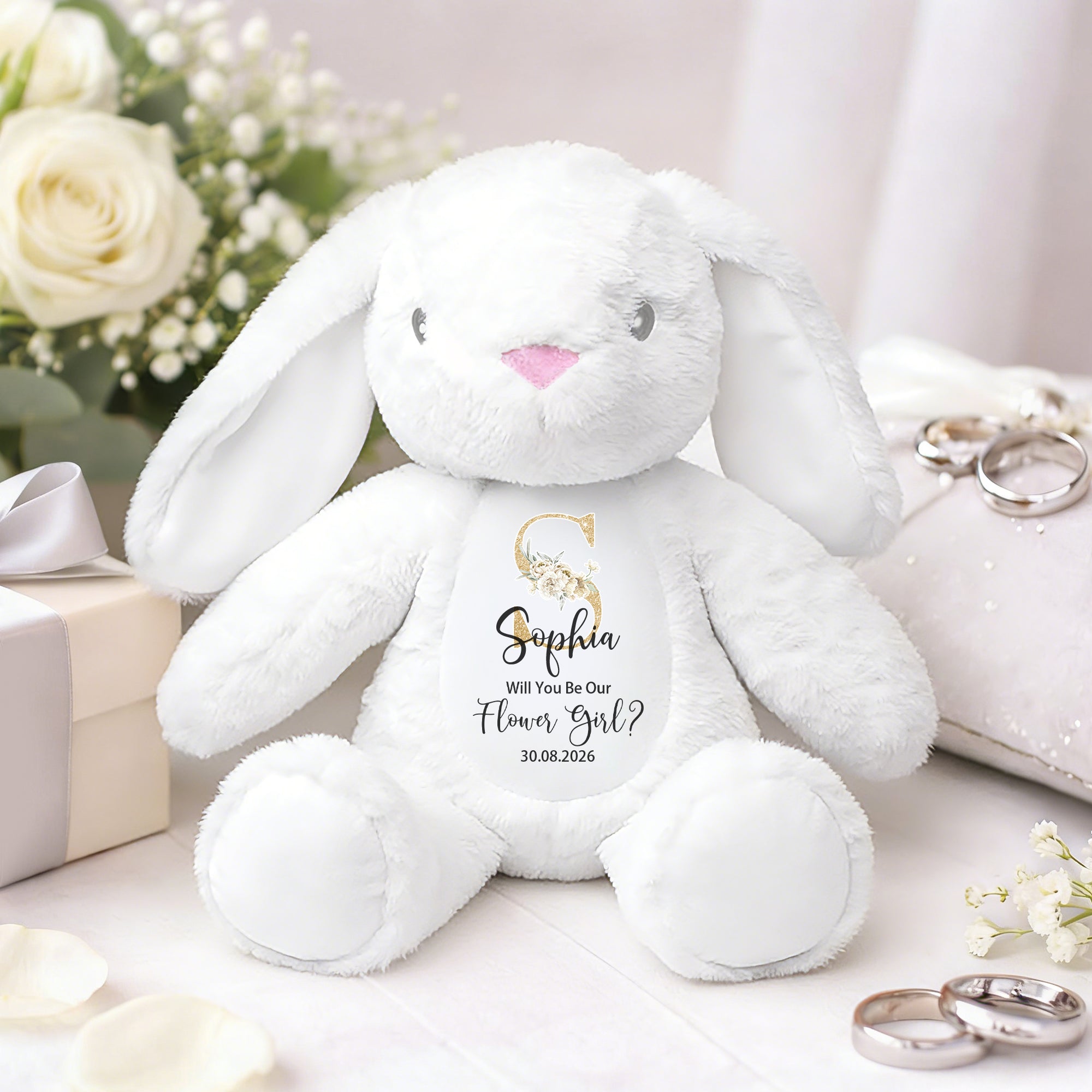 Conejito de peluche personalizado con nombre y fecha de la boda Regalo de boda para niñas con flores