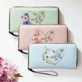 Personalizada Nacimiento Flor Corazón Apretón de manos PU Cartera de mano de cuero con correa para la muñeca Múltiples compartimentos y nombre Regalo de cumpleaños para la mamá abuela