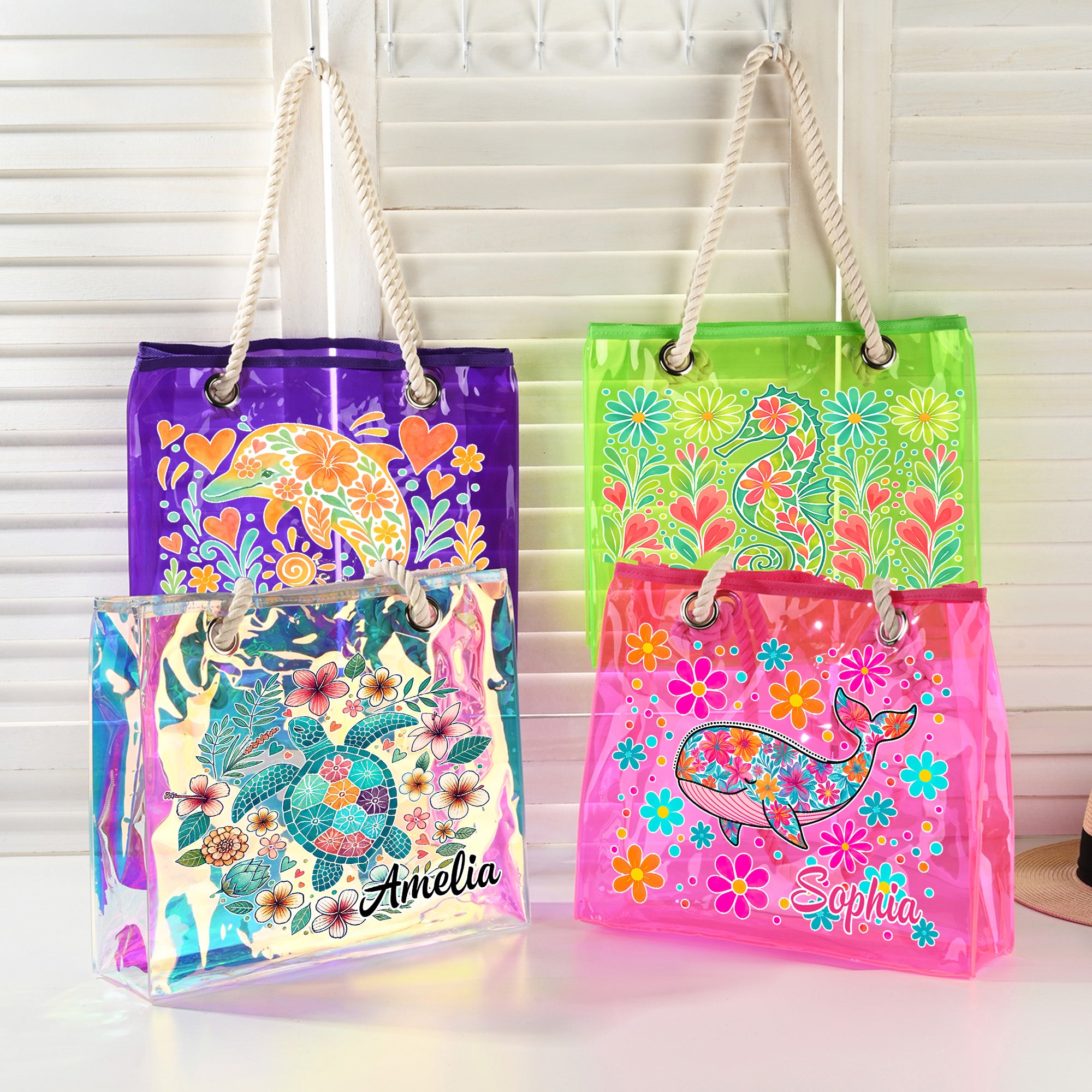 Personalizada Animales Marinos Flores Impermeable Holográfica Transparente Bolsa Tote con Nombre Accesorios de Playa Cumpleaños Aniversario Regalo para Mujer
