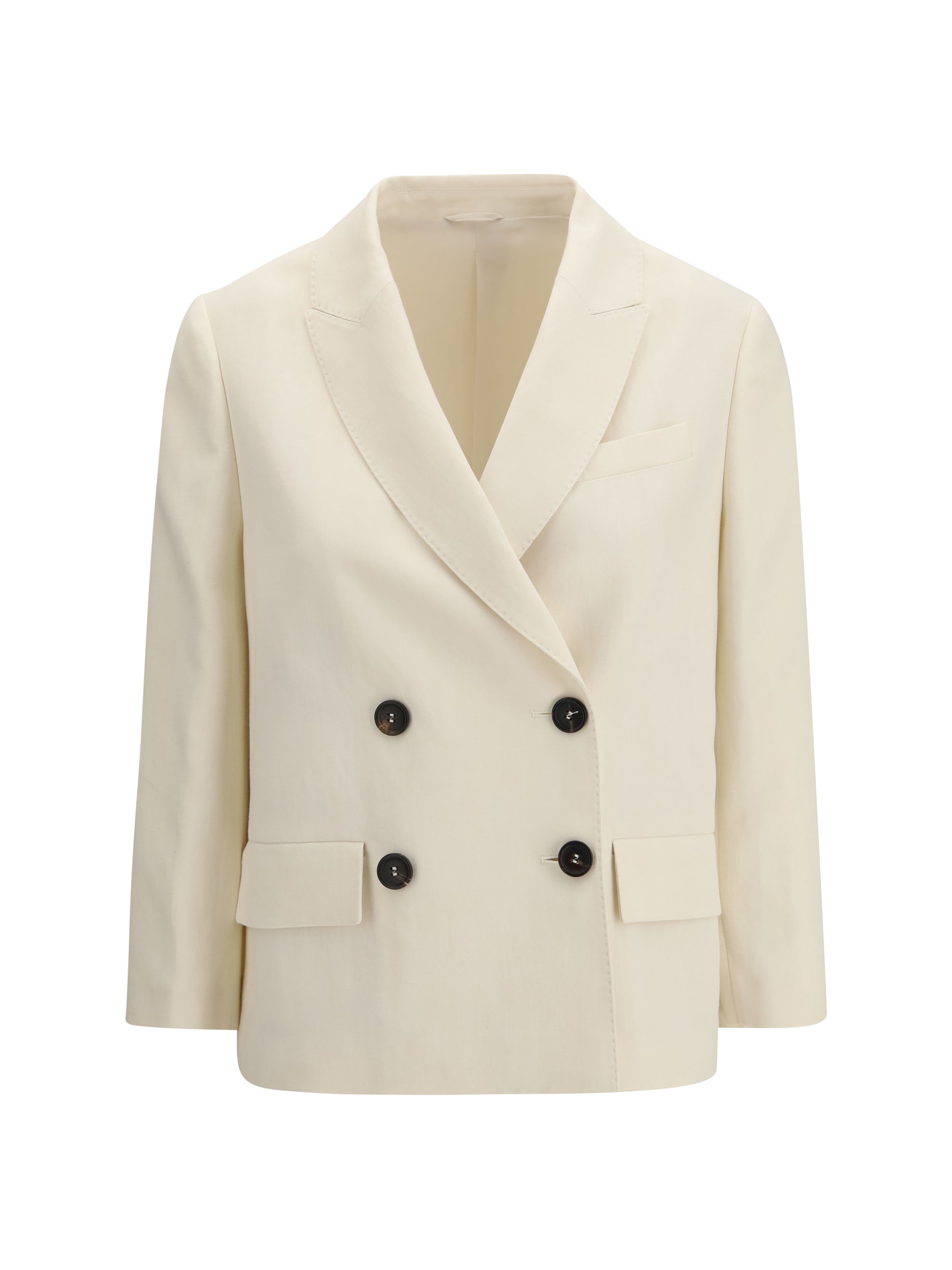Brunello Cucinelli Double-Breasted Fluid Twill Blazer — Beige